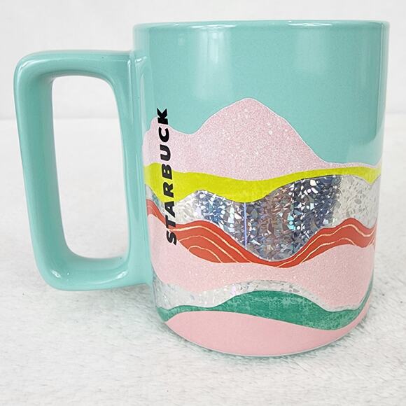 2019 Starbucks Mug Mountain Scene Turquoise Pink Silver Foil Sparkle 12 oz - Picture 1 of 7